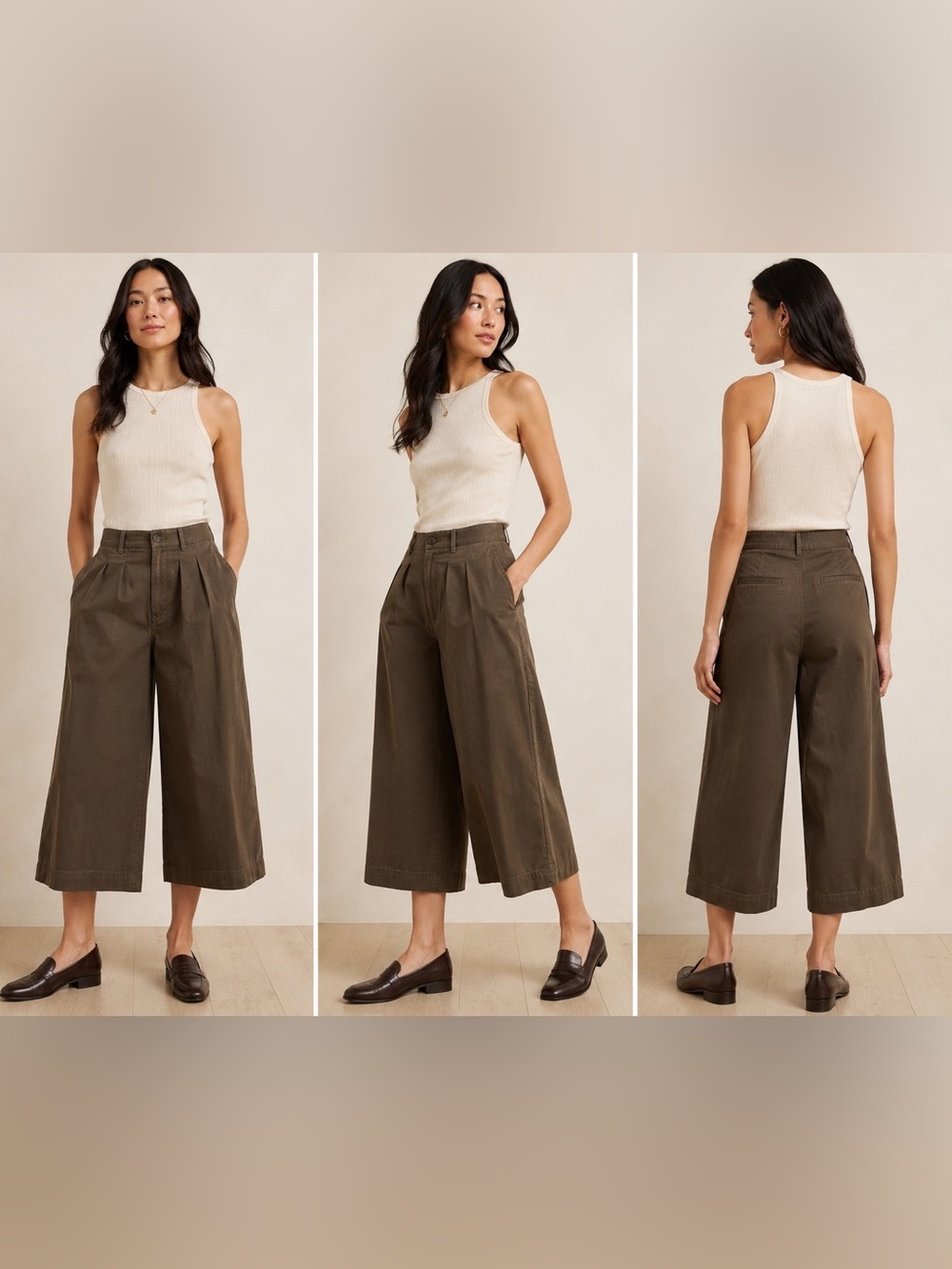 Banana Republic Khaki/Olive  Wide Leg Culotte Crop Pants Pleated Quiet Luxury 8